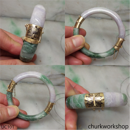 Lavender mix green jade 14K yellow gold hinge bangle