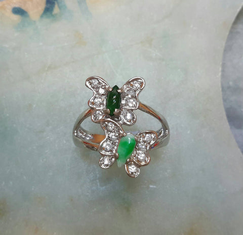 Natural color jade butterfly silver ring